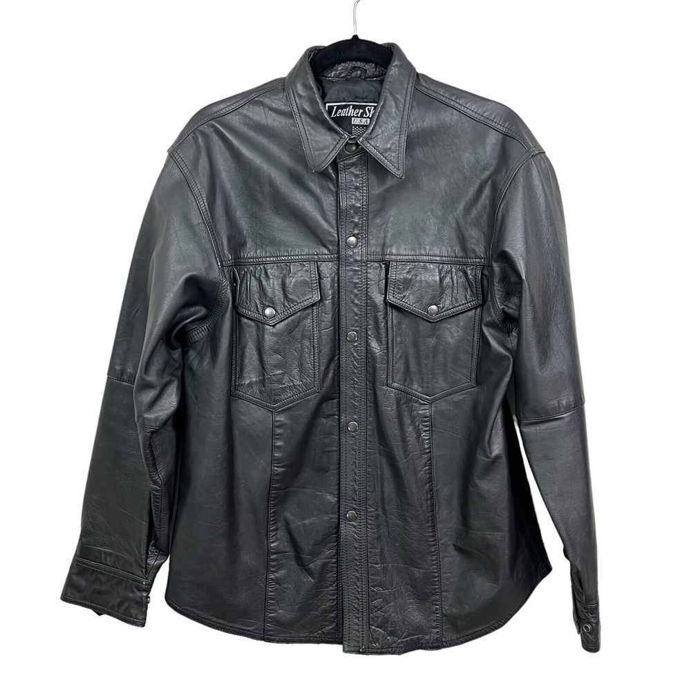 Leather‎ Sheen USA Mens Leather Jacket Collared Flap Pockets Lined Black Size L